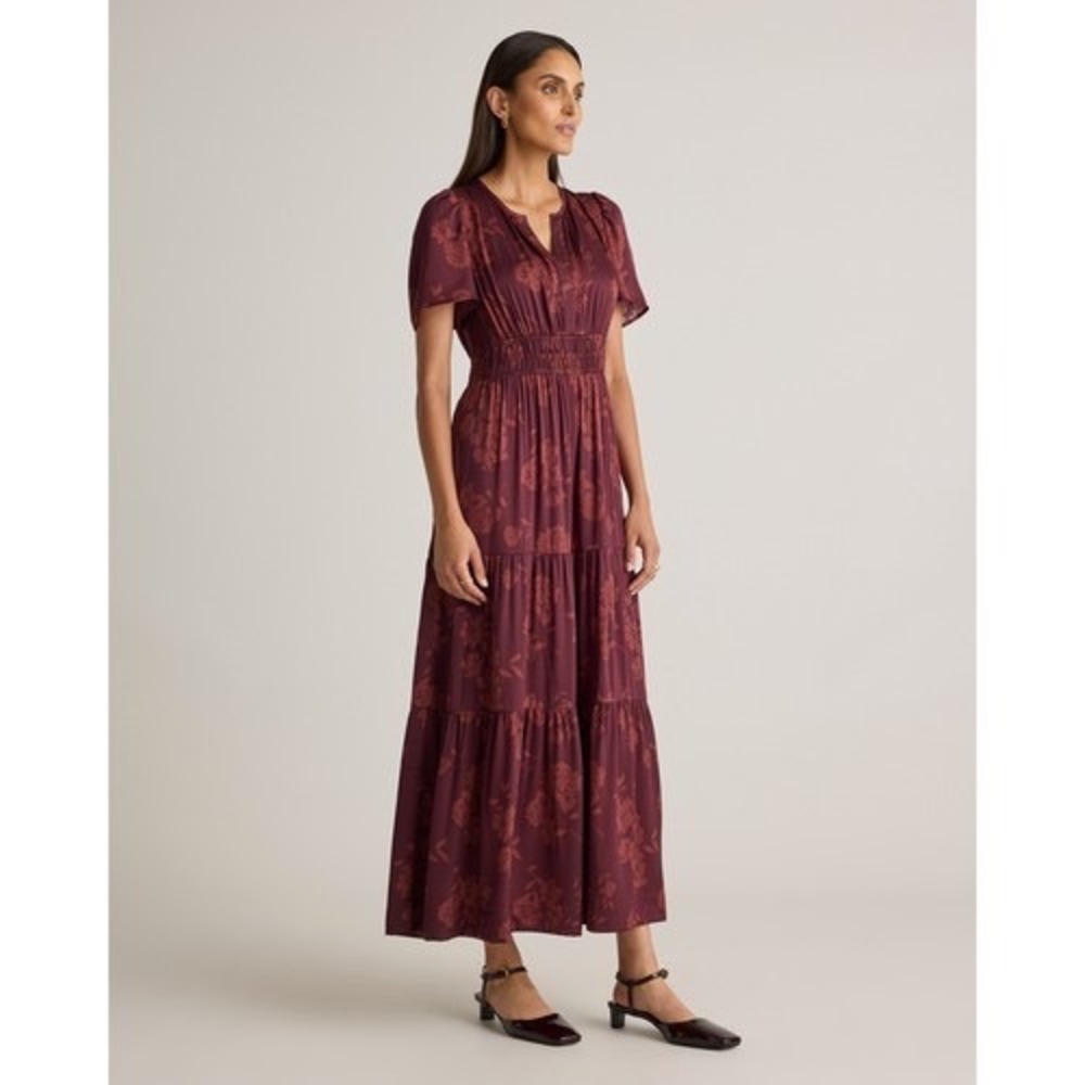 Quince Washable Stretch Silk Tiered Maxi Dress Womens XS Burgundy Wine Smocked